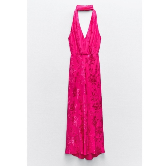 Zara JACQUARD MIDI DRESS BOW - FUCHSIA - Picture 1 of 12